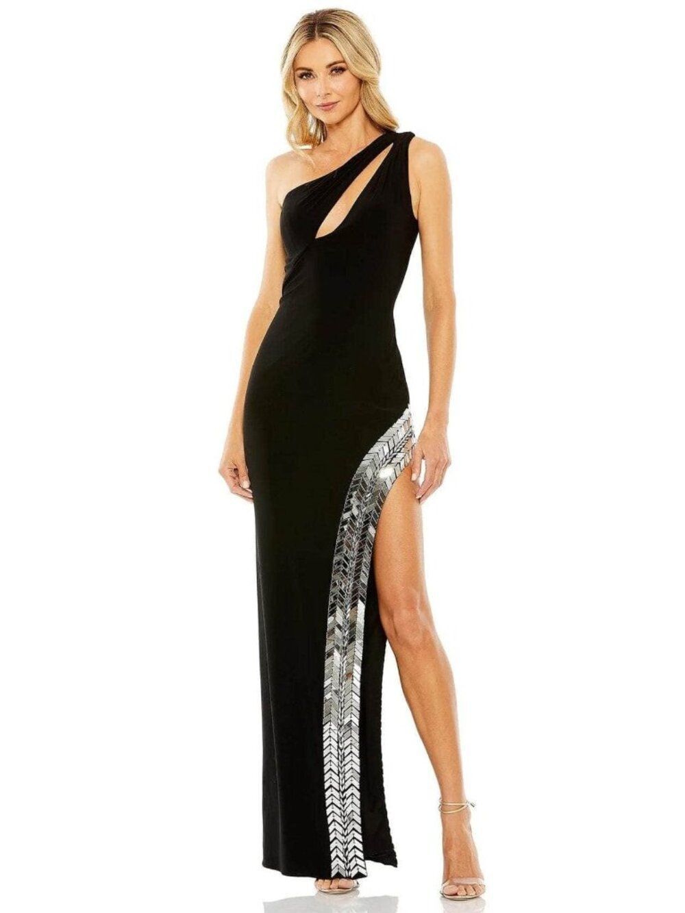Mac Duggal Black One Shoulder Cut-out Embellished Gown Dress Size 8